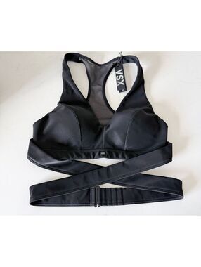 Victoria's Secret VSX Black Suede Effect Plunge Wrap Sports Bra Size Small